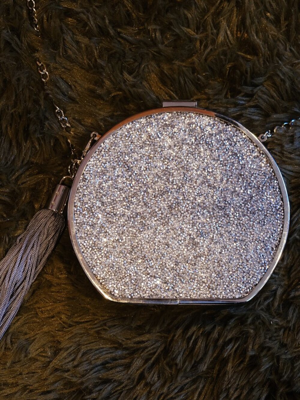 ALDO Silver Clutch with Tassel Gemstone Texture Vegan Suede Evening Bag